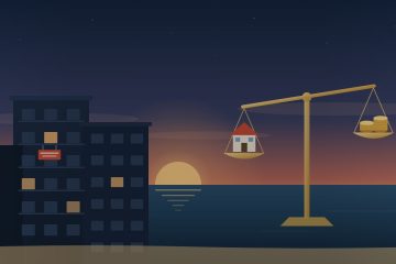 Срочный выкуп недвижимости в Болгарии — весы с домом и деньгами на фоне моря
